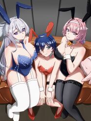  3girls absurdres alternate_costume animal_ear_hairband animal_ears bare_shoulders bell belle_(zenless_zone_zero) between_breasts black_leotard black_thighhighs blue_bow blue_bowtie blue_hair blue_leotard bow bowtie breasts cleavage clothes_between_breasts collarbone commentary_request detached_collar fake_animal_ears feathered_wings from_above garter_straps green_eyes grey_hair hair_ornament hairband hand_on_another's_shoulder highres indoors jingle_bell knees_together_feet_apart large_breasts leotard looking_at_viewer looking_up low_wings medium_breasts mole mole_on_breast mole_under_mouth multiple_girls myxl nail_polish neck_bell necktie necktie_between_breasts orange_leotard orange_nails orange_shoes pink_eyes pink_hair pink_nails playboy_bunny plump pointy_ears purple_eyes rabbit_ear_hairband rabbit_ears remielle_dan shoes sitting size_difference skindentation star_(symbol) star_hair_ornament strapless strapless_leotard thigh_strap thighhighs velina_airgid white_garter_straps white_hairband white_thighhighs white_wings white_wrist_cuffs wings wrist_cuffs zenless_zone_zero 