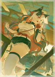  animal_ear_fluff animal_ears asymmetrical_legwear belt black_hair border breasts character_request colored_inner_hair commission copyright_request corded_phone crop_top dutch_angle ear_piercing female goggles goggles_on_head highres holding holding_wrench long_hair mismatched_legwear multicolored_hair oerba_yun_fang phone piercing red_eyes red_hair red_streaks shorts skin_fang solo streaked_hair tail tfluki thighhighs white_belt white_border white_hair wrench 