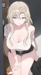  absurdres bag black_nails black_survival blair_(black_survival) blonde_hair blue_eyes breasts cigarette cleavage collarbone commentary_request dolphin_shorts eternal_return:_black_survival female highres holding holding_bag korean_commentary large_breasts long_hair messy_hair mole mole_under_mouth mouth_hold shirt shorts single_bare_shoulder solo thighs trash_bag unnunal_(unneonal) white_shirt 