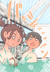  1boy 3girls :< ? arm_behind_head arms_up bikini blood blush breasts brick_wall brown_bikini brown_hair cleavage closed_mouth day emphasis_lines full-face_blush indoors juukyuu medium_breasts motion_lines multiple_girls nosebleed o_o onsen open_mouth original partially_submerged ponytail speed_lines splashing steam stretching sweat swimsuit translation_request wardrobe_malfunction water window 