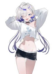  absurdres armpits arms_behind_head arms_up black_choker black_shorts blue_eyes blue_hair choker clothes_writing commentary cowboy_shot crop_top crop_top_overhang dolphin_shorts eyes_visible_through_hair female grey_hair hair_over_one_eye hebi_(vtuber) highres indie_virtual_youtuber long_hair long_sleeves looking_at_viewer low_twintails midriff multicolored_hair navel nbee_ya one_eye_closed shirt short_shorts shorts simple_background single_bare_shoulder single_off_shoulder solo stomach streaked_hair thigh_gap thighs twintails two-tone_hair untranslatable_commentary very_long_hair virtual_youtuber white_background white_shirt 