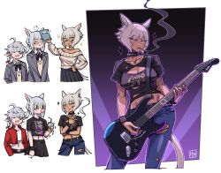  <|>_<|> 2others :o ^_^ absurdres ahoge alisaie_leveilleur animal_ears aroused_nosebleed artemi_lunavorsa artist_logo belt bilingual_commentary black_background black_belt black_bow black_bowtie black_capelet black_collar black_nails black_pants black_shirt black_skirt black_tank_top black_wrist_cuffs blood blue_pants blush bonk book bow bowtie braid breasts brown_sweater brown_vest capelet cat_ears cat_girl cat_tail cigarette cleavage closed_eyes closed_mouth clothes_writing collar collarbone commentary cowboy_shot crop_top cropped_jacket cup denim disposable_cup drinking_straw earrings electric_guitar english_commentary facial_mark female final_fantasy final_fantasy_xiv final_fantasy_xiv:_eorzea_gakuen gender_request glasses gradient_background grey_eyes grey_jacket guitar hand_on_own_hip highres hjz_(artemi) holding holding_book holding_cigarette holding_cup instrument jacket jeans jewelry logo logo_print logo_request midriff miqo'te mixed-language_commentary multiple_others navel nosebleed notice_lines off-shoulder_sweater off_shoulder open_mouth original own_hands_together pants pink_background playing_guitar playing_instrument pleated_skirt pointy_ears puff_of_air punk raised_inner_eyebrows red_jacket shirt short_hair short_sleeves simple_background skirt smile smirk smoke smoking sparkle species_request spiked_collar spiked_wristband spikes spotlight sweater tail tank_top torn_clothes trembling v-shaped_eyebrows vest warrior_of_light_(ff14) white_background white_hair white_shirt wrist_cuffs y'shtola_rhul 