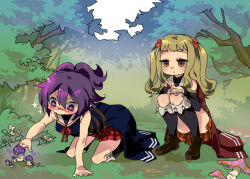  2girls black_socks brown_shoes bush commentary_request expressionless forest glasses hair_between_eyes high_ponytail kneehighs medic_(sekaiju_4) medic_2_(sekaiju_4) medic_4_(sekaiju_4) mg_kurino multiple_girls mushroom nature outdoors plaid_clothes plaid_skirt ponytail purple_eyes red-framed_eyewear red_skirt sailor_collar sekaiju_no_meikyuu sekaiju_no_meikyuu_4 shoes skirt socks sparkling_eyes squatting thighhighs tree two_side_up white_sailor_collar 