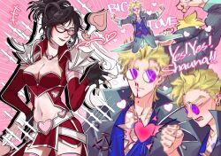  1boy :d aroused_nosebleed black_hair blonde_hair blood blue_shirt blush breasts broken_eyewear cleavage clenched_hand clothing_cutout coat collar collarbone commentary crossbow desagreablelol ear_piercing english_text female fingerless_gloves glasses gloves hand_on_own_hip heart heart_cutout heartseeker_vayne jewelry league_of_legends lips locke_(league) midriff multiple_views navel nosebleed opaque_glasses piercing ponytail purple-tinted_eyewear red_lips round_eyewear shirt smile thighhighs tinted_eyewear untranslatable_commentary vayne_(league) weapon 
