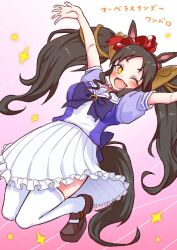  +_+ animal_ears arms_up black_hair blush bow bowtie breasts brown_shoes commentary_request female hair_ornament horse_ears horse_girl horse_tail large_breasts long_hair looking_at_viewer marvelous_sunday_(umamusume) oerba_yun_fang one_eye_closed open_mouth pleated_skirt puffy_short_sleeves puffy_sleeves purple_bow purple_bowtie purple_shirt sailor_collar sailor_shirt school_uniform shirt shoes short_sleeves skin_fang skirt smile solo sparkle star_(symbol) summer_uniform suzuneiroekaki tail thighhighs tracen_school_uniform twintails umamusume white_sailor_collar white_skirt white_thighhighs yellow_eyes 