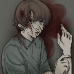  1boy adam_lanza blood blood_from_mouth blood_in_hair blood_on_clothes blood_on_face blood_on_ground blood_on_shoulder blue_shirt brown_hair corpse death hair_between_eyes headshot highres lying mer0_ger0 nosebleed on_floor on_ground on_side pale_skin parted_bangs polo_shirt pool_of_blood real_life sandy_hook_elementary_school_shooting shirt short_hair side_part suicide true_crime upturned_eyes 