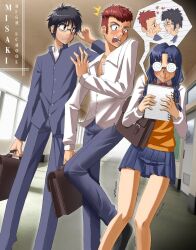  2boys bag black_hair blood blue_hair blue_jacket blue_pants blush braid ciel_(tsukihime) coke-bottle_glasses female female_pervert fujoshi gakuran glasses hallway highres indoors inui_arihiko jacket korrubalt long_hair misaki_municipal_high_school_uniform multiple_boys nosebleed pants partially_unbuttoned pervert pleated_skirt red_hair round_eyewear school_uniform shirt short_hair shoulder_bag skirt spoken_character tohno_shiki trembling trembling_legs tsukihime twin_braids white_shirt yaoi_(object) 
