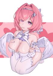  absurdres armpit_crease artist_name bare_shoulders blush bow bow_legwear breasts chinese_commentary collarbone commentary dated dress feathered_wings female fingernails grey_hairband hair_intakes hairband hand_on_own_chest heart highres kneeling large_breasts long_sleeves medium_hair nail_polish open_mouth pink_background pink_eyes pink_hair purple_nails purple_ribbon radish_(pixivid100792209) remielle_dan ribbon simple_background smile solo striped_ribbon tassel thighhighs thighs w white_background white_bow white_dress white_ribbon white_thighhighs white_wings wings zenless_zone_zero 