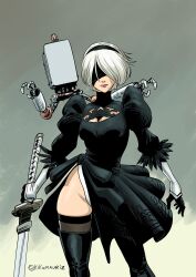  2b_(nier:automata) absurdres black_boots black_hairband blindfold boots breasts commentary covered_eyes cowboy_shot english_commentary feather_trim female gloves hairband highleg highleg_leotard highres holding holding_sword holding_weapon juliet_sleeves katana kikomauriz leotard long_sleeves mole mole_under_mouth nier:automata nier_(series) pod_(nier:automata) puffy_sleeves short_hair standing sword thighhighs thighhighs_under_boots weapon white_hair 
