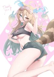  barefoot blonde_hair blue_eyes breasts colored_inner_hair commentary_request commission female fiery_ears green_hair hair_between_eyes heart heterochromia highres kesshy long_hair mask mask_on_head mole mole_under_mouth multicolored_hair navel pekoe_boo short_shorts shorts skeb_commission sleep_mask stellarversepro tail thank_you underboob v virtual_youtuber yellow_eyes 