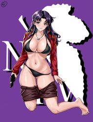  barefoot bra breasts cleavage clothes_pull cross cross_necklace female gun highres holding holding_gun holding_weapon jacket jewelry katsuragi_misato kneeling large_breasts legs long_hair looking_at_viewer navel necklace neon_genesis_evangelion panties pants pants_pull purple_hair red_jacket simple_background smile solo stomach thighs underwear waifuviolenta weapon 