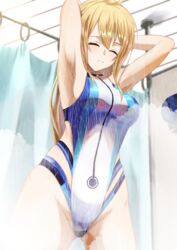  absurdres ahoge armpits arms_behind_head arms_up artoria_pendragon_(all) bangs bare_shoulders blonde_hair blue_swimsuit blush breasts closed_eyes closed_mouth cosplay fate/grand_order fate_(series) female highleg highleg_swimsuit highres large_breasts li_zhu long_hair mysterious_heroine_xx_(foreigner) one-piece_swimsuit showering swimsuit thighs tomoe_gozen_(fate/grand_order) tomoe_gozen_(swimsuit_saber)_(fate) tomoe_gozen_(swimsuit_saber)_(fate)_(cosplay) two-tone_swimsuit wet white_swimsuit 