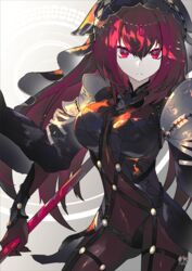  armor bodysuit breasts commentary_request covered_navel expressionless fate/grand_order fate_(series) female gae_bolg_(fate) gem hair_intakes highres holding holding_weapon kusakanmuri large_breasts leotard long_hair looking_at_viewer partial_commentary pauldrons polearm purple_bodysuit purple_hair purple_leotard red_eyes scathach_(fate) shoulder_armor spear weapon 