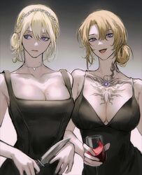  2girls alcohol bare_shoulders black_dress blonde_hair breasts chest_tattoo cleavage closed_mouth collarbone commentary cup dress drinking_glass earrings eyelashes gem genderswap_(mtf) gradient_background grey_background hair_between_eyes hair_bun hair_ornament hairband hairclip heart heart_necklace highres holding holding_cup holding_knife hoop_earrings jewelry knife large_breasts looking_at_viewer looking_away luca_kaneshiro lucy_kaneshiro mole mole_on_breast mole_on_neck multiple_girls multiple_moles necklace nijisanji nijisanji_en oerba_yun_fang open_mouth parted_bangs pearl_(pe4rrrrrl) purple_eyes purple_gemstone rule_63 sidelocks simple_background single_hair_bun skin_fang sleeveless sleeveless_dress smile sonny_brisko tattoo virtual_youtuber wine wine_glass 