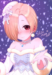  bad_id bad_pixiv_id bare_shoulders blonde_hair blush bow brown_eyes detached_sleeves dress earrings female frills fur-trimmed_dress fur-trimmed_sleeves fur_trim hair_ornament hair_over_one_eye hairbow highres idolmaster idolmaster_cinderella_girls idolmaster_cinderella_girls_starlight_stage jewelry long_sleeves looking_at_viewer nail_polish necklace outstretched_arm parted_lips pearl_necklace shirasaka_koume short_hair signature smile snow snowflake_hair_ornament snowflake_print solo turbo_engine_(rakugaki_tabo) upper_body wide_sleeves 