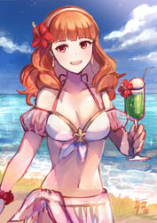  :d adapted_costume beach bikini blue_sky breasts celica_(fire_emblem) cleavage collarbone cowboy_shot cup day drinking_straw female fire_emblem fire_emblem_echoes:_shadows_of_valentia highres holding holding_cup looking_at_viewer medium_breasts navel ocean open_mouth outdoors red_eyes red_hair signature sky smile solo swimsuit tarayuki white_bikini 