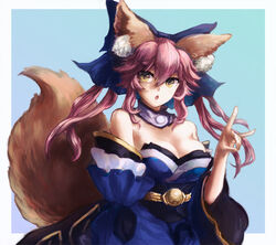  animal_ear_fluff animal_ears bare_shoulders blue_background blue_bow blue_dress blue_sleeves bow breasts cleavage commentary_request cowboy_shot detached_sleeves dress fate/extra fate_(series) female fox_ears fox_girl fox_shadow_puppet fox_tail hairbow large_bow large_breasts long_hair looking_at_viewer mogukk obi open_mouth pink_hair quad_tails sash sidelocks solo strapless strapless_dress tail tamamo_(fate) tamamo_no_mae_(fate/extra) white_background wide_sleeves yellow_eyes 