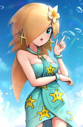  absurdres blonde_hair blue_eyes breasts dress earrings female flower gonzarez hair_flower hair_ornament hair_over_one_eye highres jewelry mario_(series) mario_kart mario_kart_tour medium_breasts official_alternate_costume one_eye_covered open_mouth rosalina rosalina_(swimwear) solo 