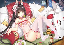  &gt;_&lt; absurdres alternate_breast_size animal animal_ear_fluff animal_ears ass azur_lane babydoll bare_shoulders bell bird black_hair blunt_bangs bra breasts cameltoe chick chinese_commentary closed_eyes commentary congqian_you_ke_xing dango daruma_doll eating feet female food fox_ears fox_mask frilled_bra frills full_body highres hime_cut holding holding_food jewelry jingle_bell knees_up kokeshi lingerie long_hair looking_at_viewer manjuu_(azur_lane) mask mask_on_head nagato_(azur_lane) nagato_(great_fox&#039;s_respite)_(azur_lane) navel necklace no_shoes official_alternate_costume panties reclining red_bra red_hair red_panties ribbon-trimmed_legwear ribbon_trim sanshoku_dango see-through side-tie_panties skewer small_breasts solo spaghetti_strap stomach straight_hair strap_slip tatami thighhighs thighs toes tongue tongue_out underboob underwear very_long_hair wagashi white_thighhighs wind_chime yellow_eyes 