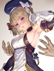  1boy arm_up armpits azur_lane bare_shoulders beret black_headwear bow breasts brown_hair cross detached_sleeves disembodied_hand elbow_gloves female from_below gloves gradient_background grey_background hat hat_bow highres iron_cross medium_breasts open_mouth purple_eyes rui_rubellent short_hair sideboob sweat upper_body white_bow white_gloves z23_(azur_lane) 