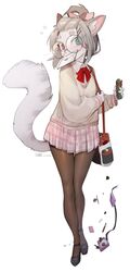  1girls anthro blue_eyes chocolate domestic_cat feline female female_only fur furry furry_only glasses grey_hair hair_ribbon heterochromia letter letter_in_mouth looking_at_viewer love_letter neck_ribbon pantyhose red_eyes ribbon round_glasses school_uniform skirt slit_pupils solo solo_female sona_(yuio) sweater tied_hair valentine&#039;s_day very_high_resolution white_background white_fur yuio 