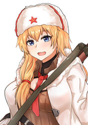  :d absurdres alternate_costume blonde_hair blue_eyes female fur_hat girls&#039;_frontline gun hat highres long_hair looking_at_viewer mosin-nagant_(girls&#039;_frontline) mosin-nagant_(mod3)_(girls&#039;_frontline) muteppona_hito necktie open_mouth red_necktie red_star side_ponytail smile solo_focus star_(symbol) ushanka v weapon weapon_on_back white_background white_headwear 