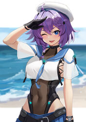  a_san_san absurdres aether_gazer armpit_cutout beach black_bodysuit black_gloves blue_eyes blush bodysuit breasts cleavage clothing_cutout collarbone covered_navel female gloves hat highres large_breasts looking_at_viewer medium_hair midriff mole mole_under_eye ocean one_eye_closed outdoors purple_hair sailor_collar sailor_hat sailor_shirt salute shirt sideboob skadi_(aether_gazer) skirt sky smile solo 