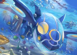  air_bubble anorith armaldo bubble caustics closed_mouth commentary cradily kabutops kyogre light_rays lileep no_humans omanyte orange_eyes pokemon pokemon_(creature) primal_kyogre spareribs underwater 