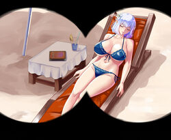  absurdres bare_shoulders beach beach_chair beach_umbrella bikini blue_bikini blue_hair book breasts closed_eyes collarbone cup drinking_glass drinking_straw elf female flower front-tie_bikini_top front-tie_top hair_flower hair_ornament highres large_breasts medium_hair mole mole_on_breast mole_under_eye navel original pointy_ears sand side-tie_bikini_bottom solo swimsuit switch01 umbrella white_flower 