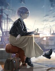  ahoge asakura_toru bag black_footwear blue_eyes boat bob_cut brown_skirt closed_mouth earrings grey_hair handbag high_heels highres idolmaster idolmaster_shiny_colors jacket jewelry junshiki leather leather_jacket long_skirt nail_polish ocean outdoors scenery shipyard short_hair signature sitting skirt smile sweater unworn_eyewear water watercraft 