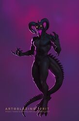  2019 4_fingers anthro black_body black_skin blazingifrit curled_horn demon featureless_crotch fingers glistening glistening_body glistening_skin glowing glowing_eyes glowing_tongue hi_res horn looking_at_viewer male nude open_mouth signature simple_background solo text tongue unknown_species url yellow_eyes 