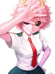  3:4 5_fingers ashido_mina black_sclera bottomwear breasts clothed clothing eyelashes female fingers hair hi_res hm89509321 horn humanoid my_hero_academia necktie not_furry pink_body pink_hair pink_skin shirt simple_background skirt smile solo teeth topwear white_background yellow_eyes 