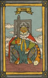  anthro biped card card_template closed_eyes clothed clothing cloud crown digital_media_(artwork) english_text felid fortune_telling fur headgear holding_object king king_of_swords_(tarot) mammal max_butterworth melee_weapon minor_arcana musorok pantherine royalty sitting sky solo sword swords_(tarot) tarot tarot_card text tiger weapon 