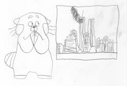  2022 9/11 ailurid anthro building building_destruction destruction disney female graphite_(artwork) hi_res mammal meilin_lee_(turning_red) monochrome new_york_city pencil_(artwork) pixar red_panda shocked smoke solo tanimationllc traditional_media_(artwork) turning_red world_trade_center 