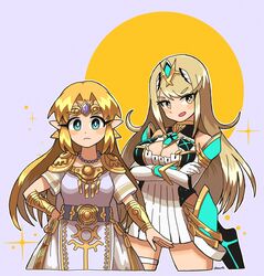  2girls absurdres alternate_color bare_legs bare_shoulders blonde_hair blush breasts chest_jewel circlet cleavage cleavage_cutout clothing_cutout commentary_request dress earrings elbow_gloves gem gloves headpiece highres jewelry long_hair looking_at_viewer multiple_girls mythra_(xenoblade) no_legwear omura_zojiki pointy_ears princess_zelda short_dress smile super_smash_bros. swept_bangs the_legend_of_zelda the_legend_of_zelda:_a_link_between_worlds thigh_strap tiara very_long_hair white_dress white_footwear white_gloves xenoblade_chronicles_(series) xenoblade_chronicles_2 yellow_eyes 