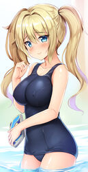  barbara_(genshin_impact) bare_shoulders blonde_hair blue_one-piece_swimsuit blush book breasts covered_nipples female genshin_impact half-closed_eyes highres holding holding_book kageira long_sleeves looking_at_viewer one-piece_swimsuit partially_submerged smile solo swimsuit twintails twirling_hair 