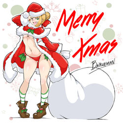  ;d arm_up artist_name bad_id bad_twitter_id bayeuxman blonde_hair braid braided_bun breasts capelet christmas commentary english_commentary english_text fate/extra fate/grand_order fate_(series) female full_body fur-trimmed_capelet fur-trimmed_headwear fur_trim green_eyes hair_bun hair_ribbon hat highres holding holding_sack holly inactive_account looking_at_viewer meme merry_christmas navel nero_claudius_(fate) nero_claudius_(fate/extra) oerba_yun_fang one_eye_closed open_mouth padoru_(meme) pom_pom_(clothes) red_capelet red_hat red_ribbon ribbon sack santa_costume santa_hat shoes simple_background single_hair_bun smile solo text_focus underboob white_background 