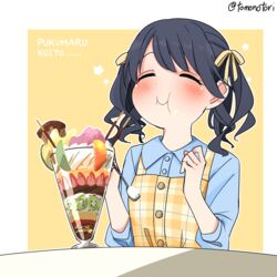  bad_id bad_pixiv_id black_hair blue_shirt blush closed_eyes closed_mouth commentary dress eating female food food_on_face fruit fukumaru_koito hair_ribbon holding holding_spoon ice_cream idolmaster idolmaster_shiny_colors kiwi_(fruit) melon parfait plaid plaid_dress pocky ribbon shirt sitting smile solo spoon strawberry torinabe twintails upper_body yellow_ribbon 