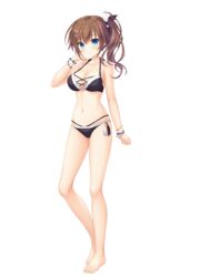  absurdres barefoot bikini black_bikini black_bow black_ribbon blue_eyes blush bow bracelet breasts brown_hair cleavage closed_mouth collarbone drapri_guu-ta-life_2 female full_body game_cg hair_between_eyes hair_ornament hairbow hairclip halterneck highres ichinose_suzuka jewelry long_hair medium_breasts multi-strapped_bikini o-ring ribbon side_ponytail smile solo standing swimsuit tachi-e takano_yuki_(allegro_mistic) transparent_background white_bow 