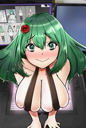  :&gt; @_@ absurdres bags_under_eyes blush breasts cleavage drawing_tablet english_commentary female flower green_eyes green_hair hair_flower hair_ornament herd001 highres indie_virtual_youtuber koopa_fortuna large_breasts long_hair looking_at_viewer monitor skindentation slingshot_swimsuit solo swimsuit tearing_up through_medium through_screen virtual_youtuber 