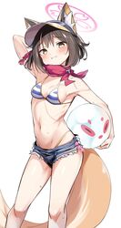  absurdres animal_ear_fluff animal_ears arm_up ball beachball bikini bikini_under_clothes blue_archive blush breasts brown_hair cutoffs feet_out_of_frame female fox_ears fox_girl fox_tail halo highres holding holding_ball izuna_(blue_archive) izuna_(swimsuit)_(blue_archive) kandori looking_at_viewer navel pink_halo raised_eyebrows ribs scarf short_hair short_shorts shorts sideboob simple_background small_breasts smile solo standing string_bikini striped_bikini striped_clothes sweat swimsuit tail visor_cap white_background yellow_eyes 