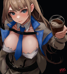  artist_logo blue_eyes blue_necktie breasts detached_collar dress drink female glass grey_dress hair_down haruto_(harut_n) kantai_collection large_breasts long_hair looking_at_viewer maryland_(kancolle) necktie one-hour_drawing_challenge shirt solo strapless strapless_dress white_shirt 