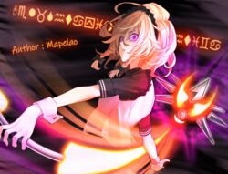  alternate_color black_background black_bow blonde_hair bow braid commentary_request female hairbow holding holding_weapon izayoi_sakuya light_rays looking_at_viewer m.u.g.e.n medium_hair open_mouth red_eyes rion_(glayjirobass) runes shirt short_hair short_sleeves side_braids solo touhou twin_braids upper_body weapon white_shirt wrist_cuffs 