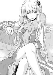  animal_around_neck blunt_bangs book braid breasts celia_alde commentary_request crossed_legs detached_sleeves dress feet_out_of_frame female fox french_braid greyscale hair_ornament heart heart_hair_ornament holding holding_book long_hair looking_at_viewer medium_breasts monochrome parted_lips professor_(ragnarok_online) ragfes ragnarok_online sitting sleeveless sleeveless_dress solo striped_sleeves yuuki_tokito 