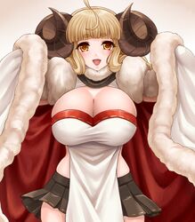  :d ahoge anila_(granblue_fantasy) bandeau blonde_hair blunt_bangs blush breasts cleavage cloak curled_horns draph female granblue_fantasy hikimayu horns incoming_hug large_breasts long_hair miniskirt orange_eyes pelvic_curtain pleated_skirt reaching reaching_towards_viewer simple_background skirt smile solo suzuki_sakura 