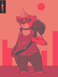  2019 3:4 ambiguous_gender anthro arm_tuft badger barefoot biped bottomwear clothed clothing collar color_swatch disney elbow_tuft electric_razor eyewear feet honey_badger honey_badger_(zootopia) mammal mustelid musteline outside pants pink_background razor restricted_palette shirt shock_collar simple_background solo standing sun sunglasses tank_top tggeko tools topwear tuft zootopia 