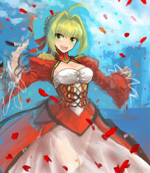  ahoge blonde_hair blush breasts cleavage cleavage_cutout clothing_cutout commentary_request confetti cowboy_shot dress epaulettes fate/extra fate_(series) female green_eyes hair_intakes hair_ribbon juliet_sleeves long_sleeves looking_at_viewer medium_breasts mogukk nero_claudius_(fate) nero_claudius_(fate/extra) open_mouth puffy_sleeves red_dress red_ribbon ribbon short_hair smile solo two-tone_dress white_dress 