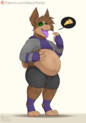  2019 3_toes 4_fingers anthro belly big_belly bottomwear brown_body brown_fur brown_hair clothing conditional_dnp ear_piercing eyewear fangs feet fingers food fur gesture goggles gremlin_(spiral_knights) grey_havens hair hand_on_belly hungry male masonparker navel open_mouth pants patreon paws piercing pizza purple_tongue ryth signature simple_background slightly_chubby solo speech_bubble spiral_knights standing teeth text toes tongue tongue_out topwear url white_background 