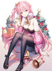  3girls arm_support bare_arms bare_shoulders barefoot bell black_footwear black_pantyhose blonde_hair blush bow box braid breasts brown_bow chibi christmas christmas_lights christmas_tree closed_mouth collarbone commentary dress emily_stock gift gift_box grey_hair hairbow highres holding knees_up long_hair long_sleeves looking_at_viewer medium_breasts merry_christmas mini_person minigirl multiple_girls nail_polish one_side_up original pantyhose petticoat pink_hair pink_nails pink_skirt puffy_long_sleeves puffy_sleeves red_bow red_dress red_eyes ririko_(zhuoyandesailaer) saegusa_futaba saegusa_riko see-through shirt shoes signature sitting skirt smile sparkle star_(symbol) strapless strapless_dress striped striped_bow very_long_hair white_shirt |_| 