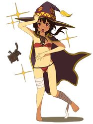  arm_up bandaged_leg bandages barefoot bikini black_cat blush brown_hair chomusuke commentary feline female full_body hat kono_subarashii_sekai_ni_shukufuku_wo! looking_at_viewer megumin open_mouth red_bikini red_eyes shadow short_hair short_hair_with_long_locks sidelocks simple_background sparkle swimsuit symbol-only_commentary tennosuke_(tejons) white_background witch_hat 